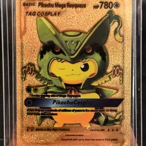 Pikachu Tag Cosplay Mega Rayquaza Gold Foil FanArt Pokemon Card #006 780hp